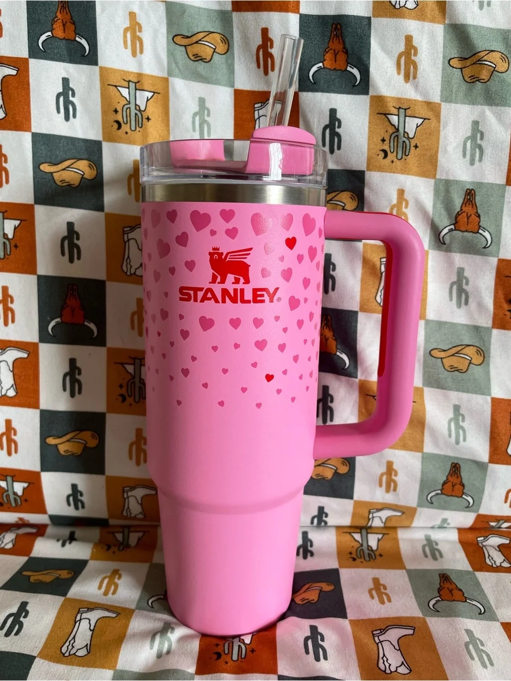 Stanley 30 oz Pink Heart Tumbler with Straw and Handle